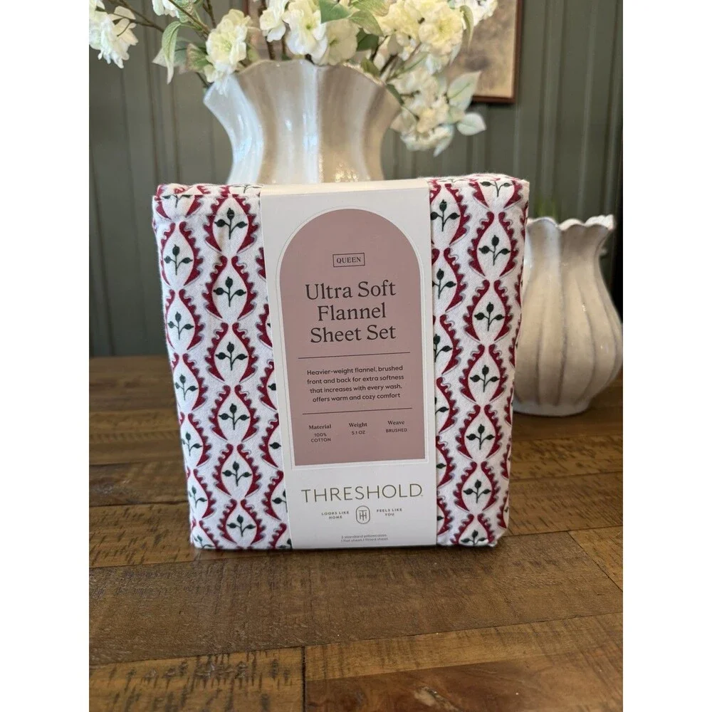 Threshold Queen Ultra Soft Flannel Sheet Set Woodblock Leaf NEW Hard To Find